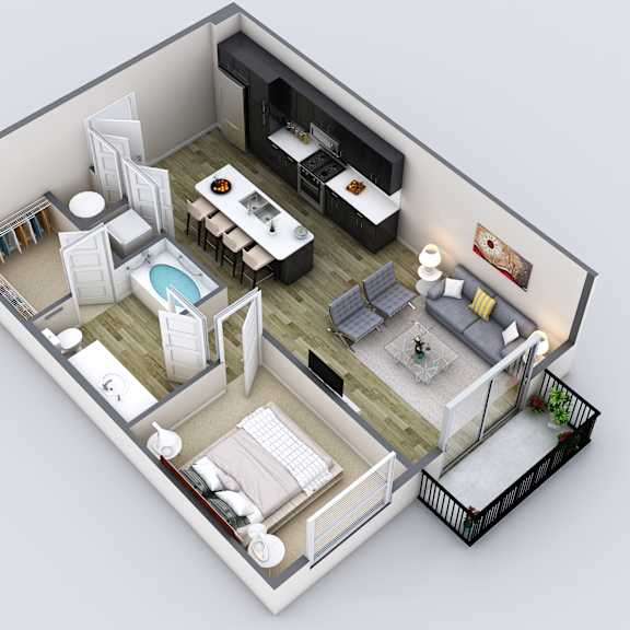 Thumbnail 2 of 2 a 3d floor plan of a house with a bedroom and a living room