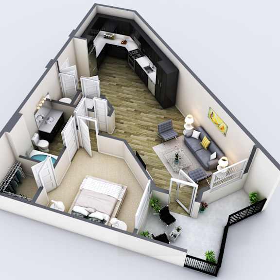Thumbnail 4 of 5 A 3D model of a house with a kitchen, living room, and bedrooms.
