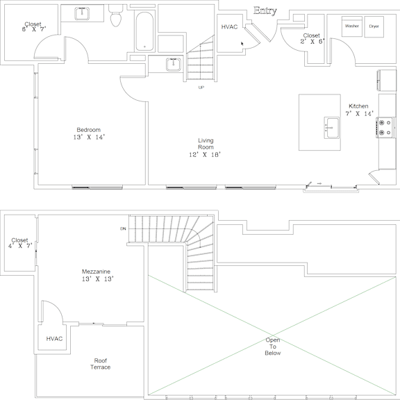 Thumbnail 1 of 3 A floor plan of a house with a bedroom, living room, kitchen, and a mezzanine area.