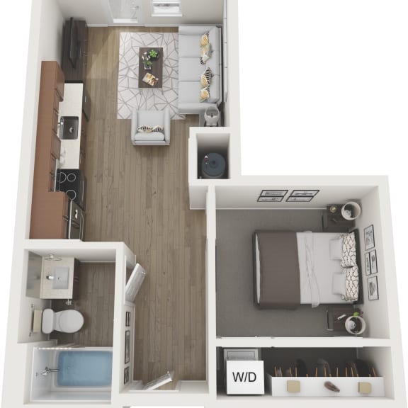 Thumbnail 1 of 2 a stylized floor plan with a bedroom and a living room