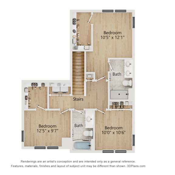 Thumbnail 3 of 3 A 3D floor plan of a house with three bedrooms, a bathroom, and a kitchen.