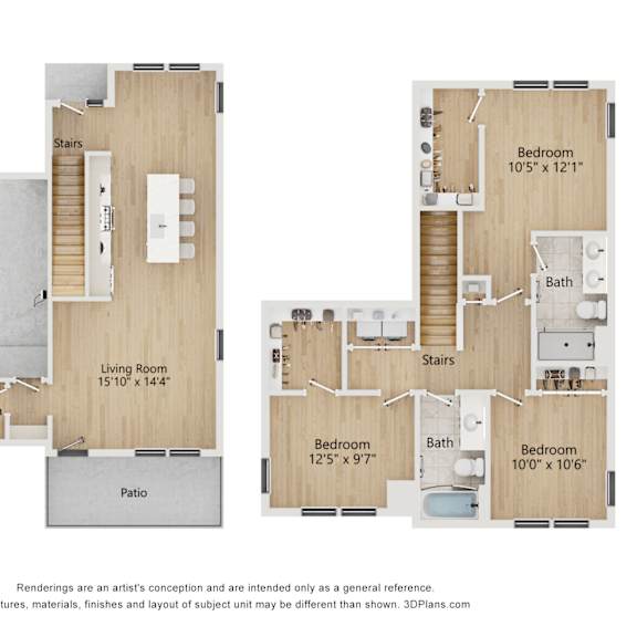 Thumbnail 1 of 3 A floor plan of a house with two bedrooms, a living room, a car garage, and a patio.