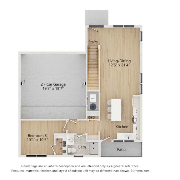 Thumbnail 2 of 3 A floor plan of a house with a living/dining area, kitchen, two bedrooms, a bathroom, and a 2 car garage.
