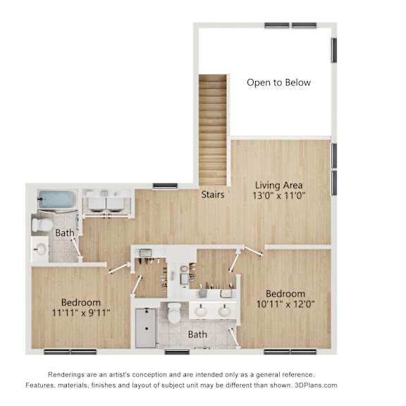 Thumbnail 3 of 3 A diagram of a house layout with two bedrooms, a living area, and stairs leading to an open-to-below space.