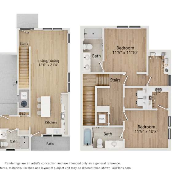 Thumbnail 1 of 3 A floor plan of a house with two bedrooms, a living area, a kitchen, a garage and a patio.