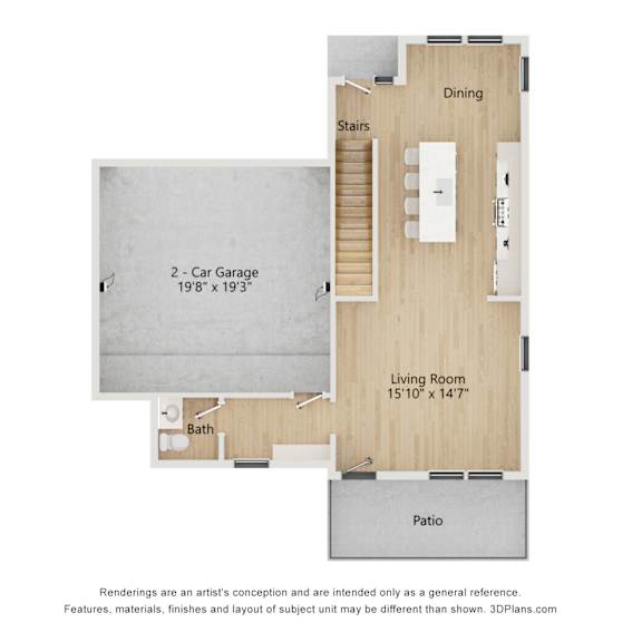 Thumbnail 2 of 3 A floor plan of a house with a living room, dining area, stairs, bathroom, and two garages.