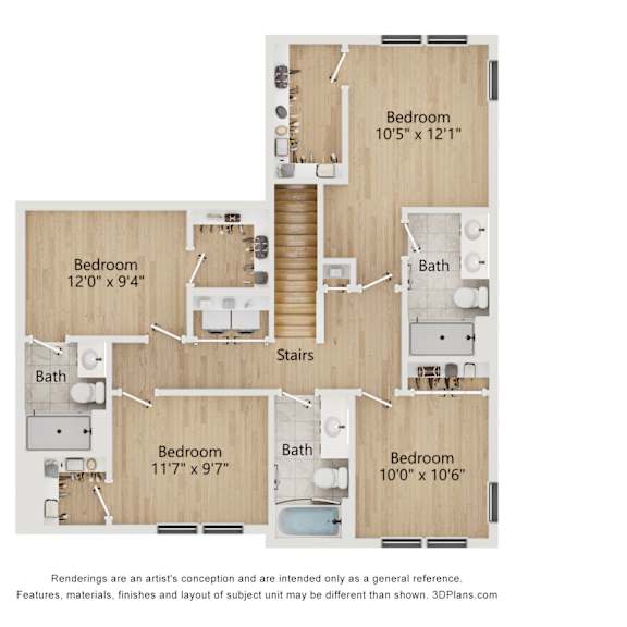 Thumbnail 3 of 3 A floor plan of a house with four bedrooms and a bathroom.
