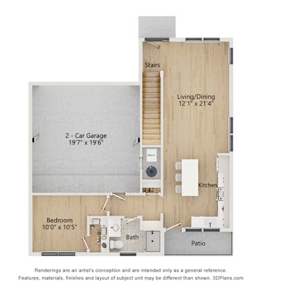 Thumbnail 2 of 3 A floor plan of a house with a living room, kitchen, two bedrooms, a garage, and a patio.