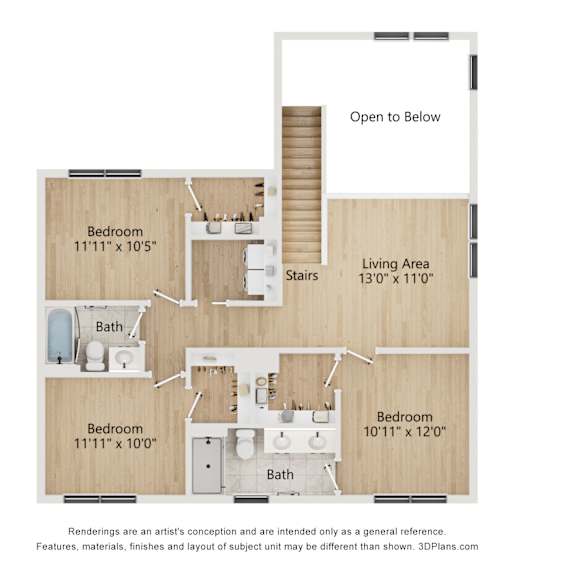 Thumbnail 3 of 3 A diagram of a house layout with two bedrooms, a bathroom, a living area, and stairs.