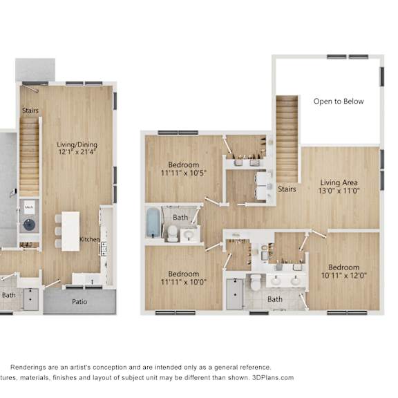 Thumbnail 1 of 3 A floor plan of a house with two bedrooms, a living area, a kitchen, a bath, a patio, and a 2-car garage.