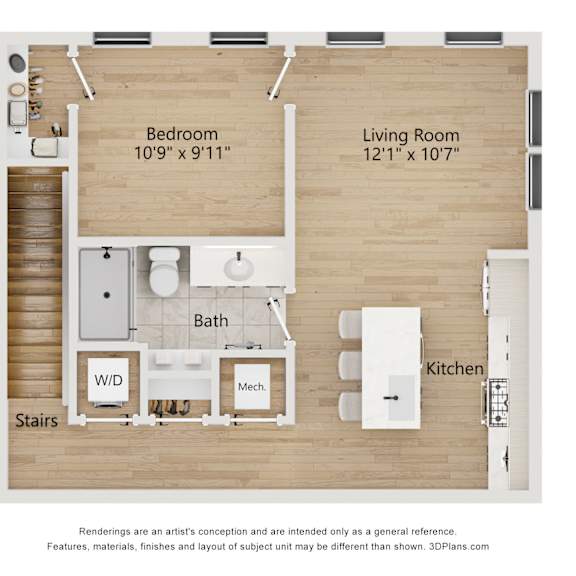 Thumbnail 2 of 3 A floor plan of a small apartment with a bedroom, living room, kitchen, bathroom, and stairs.