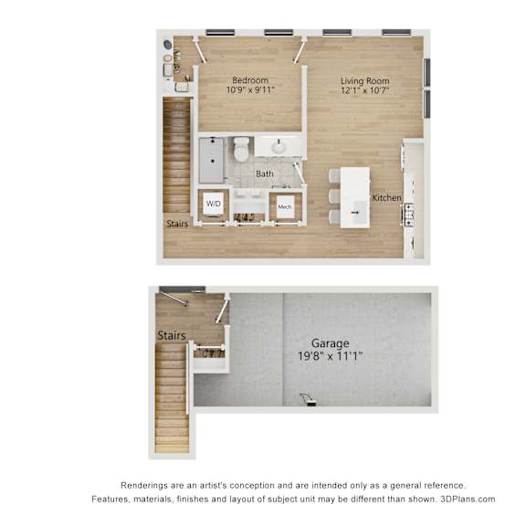 Thumbnail 1 of 3 A floor plan of a house with a living room, kitchen, bath, and stairs.
