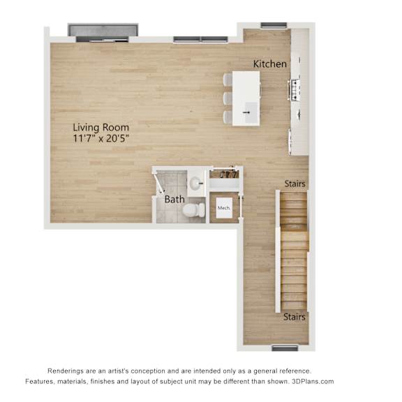 Thumbnail 3 of 4 A floor plan of a living space with a living room, kitchen, and stairs.