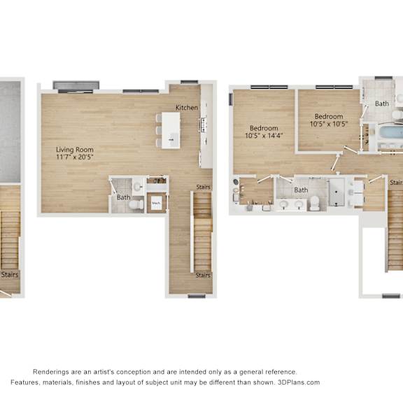 Thumbnail 1 of 4 A floor plan of a house with a garage, living room, kitchen, and two bedrooms.