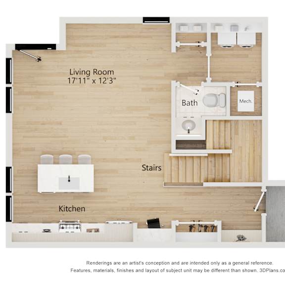 Thumbnail 2 of 3 A floor plan of a house with a living room, kitchen, bathroom and stairs.