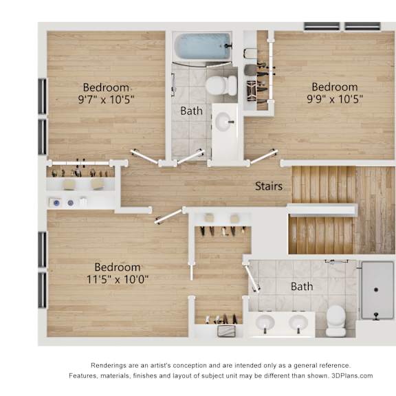 Thumbnail 3 of 3 A floor plan of a house with three bedrooms and a bathroom.