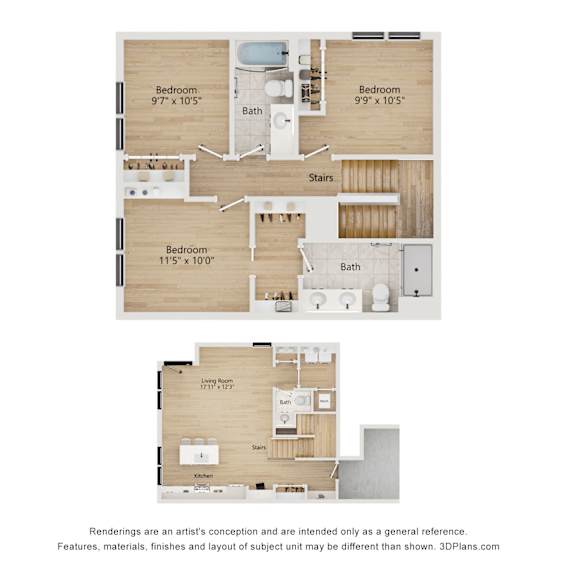 Thumbnail 1 of 3 A floor plan of a house with three bedrooms and a living room.