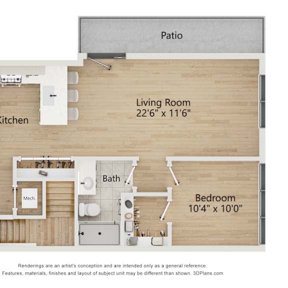 Thumbnail 2 of 3 A floor plan of a small apartment with a kitchen, living room, bathroom, and bedroom.