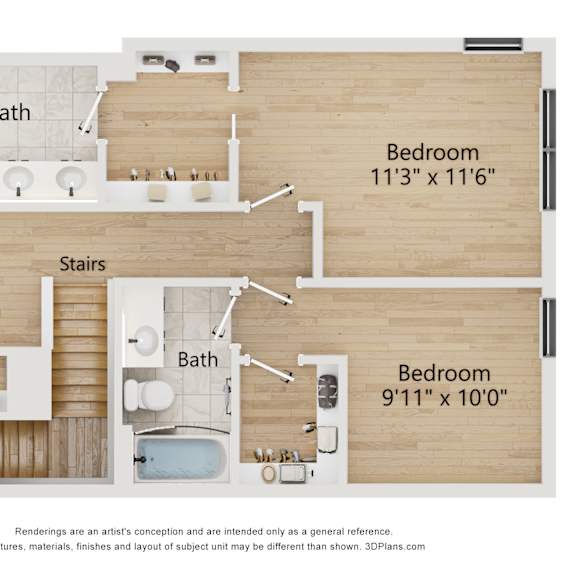 Thumbnail 3 of 3 A floor plan of a home with two bedrooms, a bathroom, and a staircase.