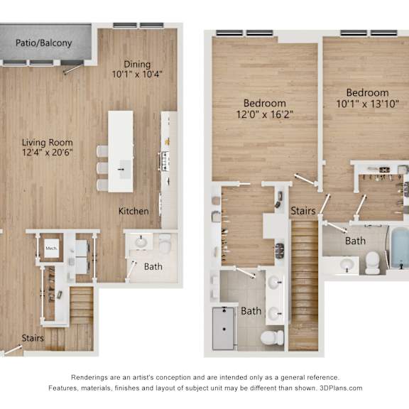 Thumbnail 1 of 3 A floor plan of a two bedroom apartment with a living room, kitchen, and bathroom.