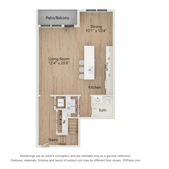 Thumbnail 2 of 3 A 3D floor plan of a small apartment with a living room, kitchen, bath, and stairs leading to a patio.
