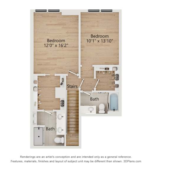 Thumbnail 3 of 3 A floor plan of a small apartment with two bedrooms, a bathroom, and a staircase.