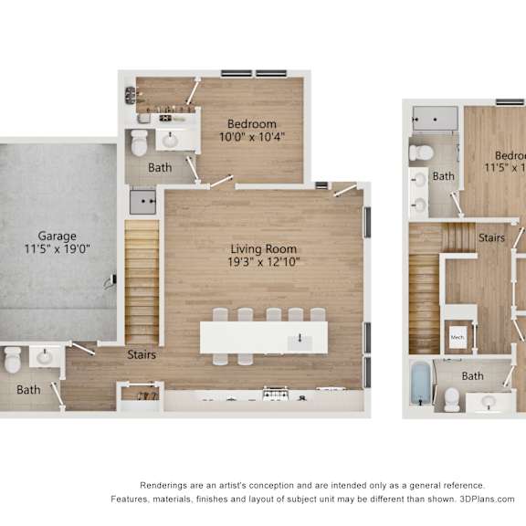 Thumbnail 1 of 3 A floor plan of a house with a living room, two bedrooms, a bathroom, and a garage.