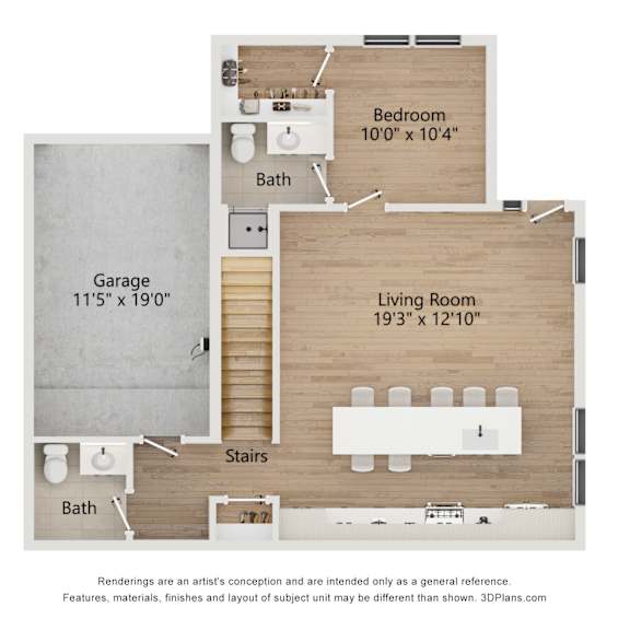 Thumbnail 2 of 3 A floor plan of a house with a living room, bedroom, and garage.