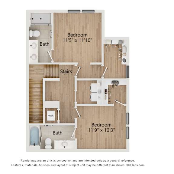 Thumbnail 3 of 3 A 3D floor plan of a house with two bedrooms, a bathroom, a kitchen, and a living room.
