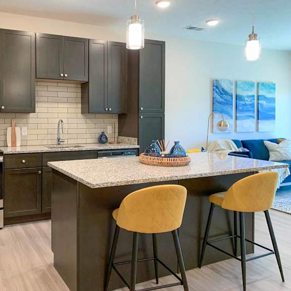 Thumbnail 7 of 22 a kitchen with dark cabinets and stainless steel appliances with an island