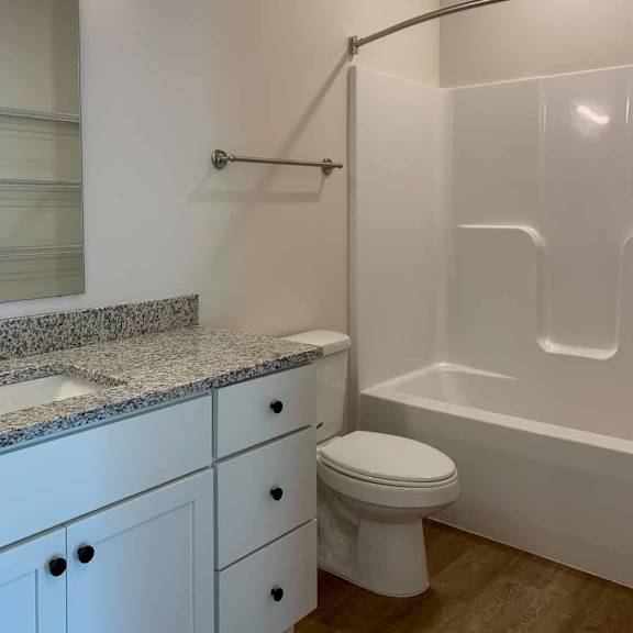 Thumbnail 18 of 36 a light-style bathroom with a granite vanity sink, a toilet, and a shower tub