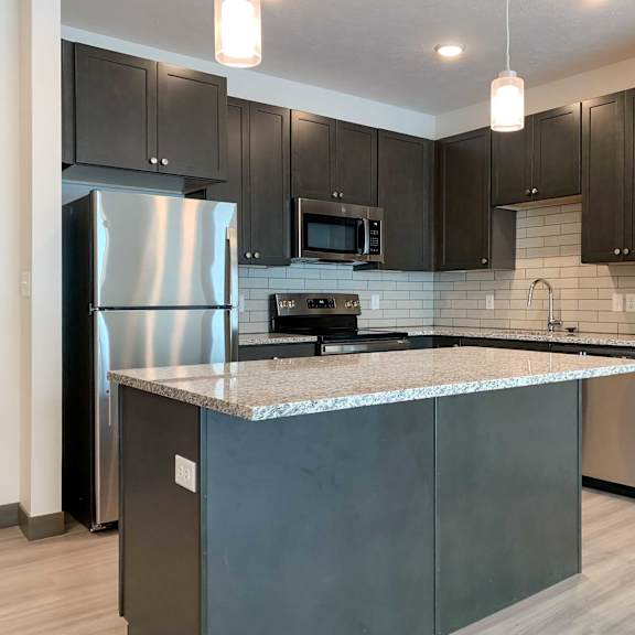 Thumbnail 4 of 13 a kitchen with stainless steel appliances and dark cabinets