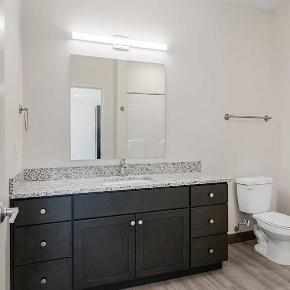 Thumbnail 14 of 29 a bathroom with a vanity sink a toilet and a mirror with overhead lighting