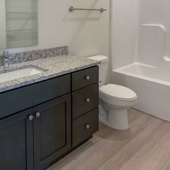 Thumbnail 5 of 36 a bathroom with a sink, toilet, granite countertops, and a combination shower and tub