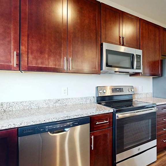 Thumbnail 8 of 29 A modern kitchen with dark wooden cabinets, granite countertops, and stainless steel appliances.