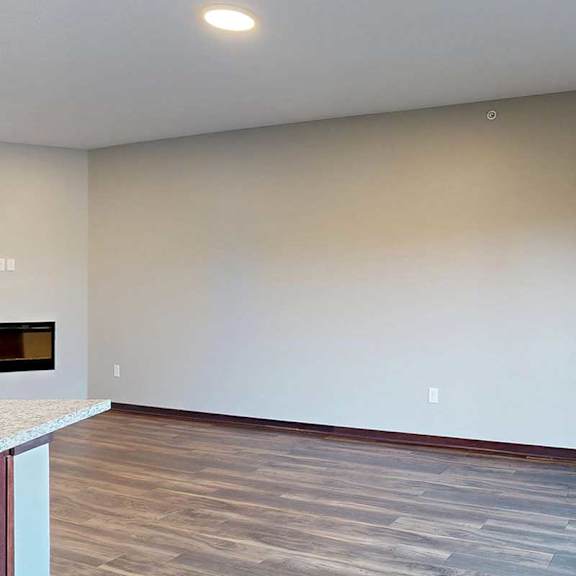 Thumbnail 9 of 34 A living room with hardwood flooring, an electric fireplace, and a sliding glass door to a balcony.