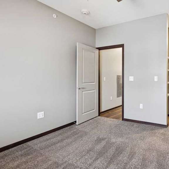 Thumbnail 15 of 18 A carpeted bedroom with a ceiling fan and an open walk-in closet.