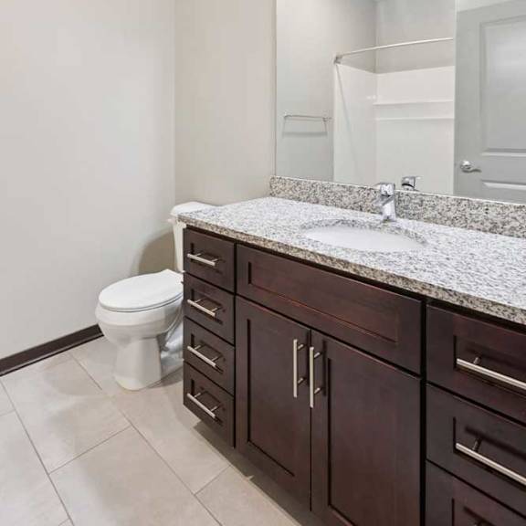 Thumbnail 10 of 11 A bathroom with a granite vanity, dark wooden cabinets, and a walk-in shower.