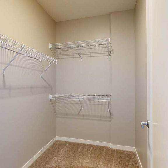 Thumbnail 22 of 29 A carpeted walk-in closet with built-in wire shelves.