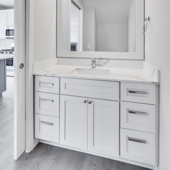 Thumbnail 8 of 16 Bathroom vanity with light gray finishes and large mirror at Aspire at CityPlace in Woodbury, Minnesota
