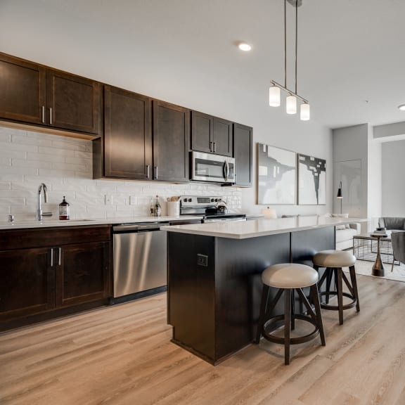 Thumbnail 2 of 13 1 bedroom luxury apartment kitchen with dark brown cabinets in Woodbury MN 55125