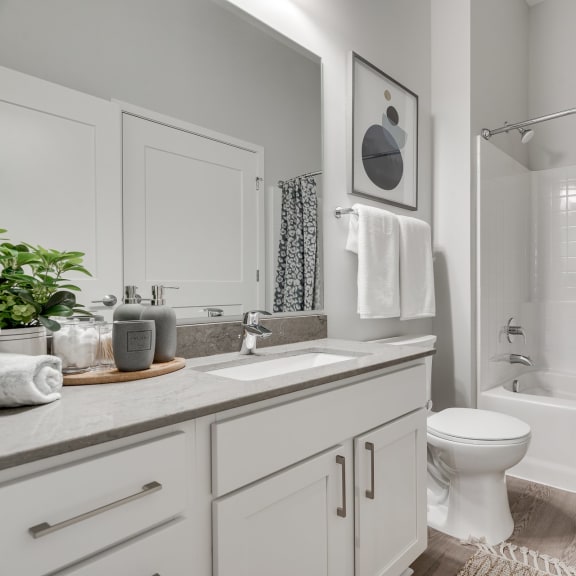 Thumbnail 14 of 15 Bathroom with light counters and cabinets at luxury apartments in Woodbury MN 55125