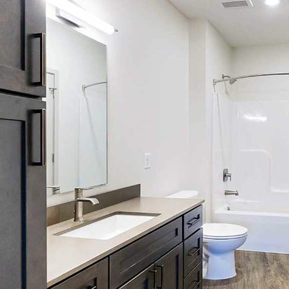 Thumbnail 25 of 29 a bathroom with a dark wood vanity sink, quartz countertops, and a white tub shower