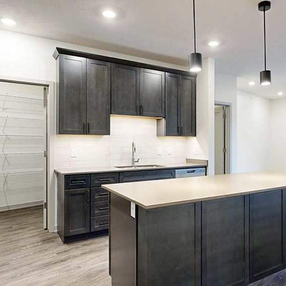 Thumbnail 3 of 29 a modern kitchen with dark cabinets, stainless steel appliances, and a large central island