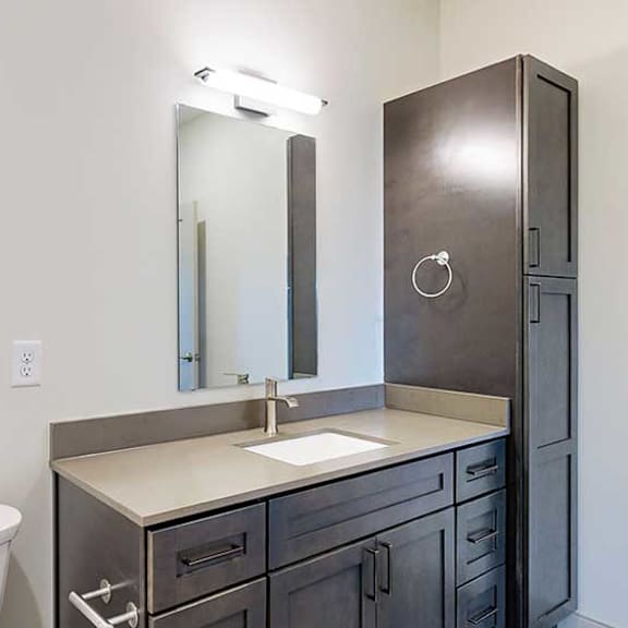 Thumbnail 24 of 28 a bathroom with a quartz vanity sink, a tall dark wooden storage cabinet, and a mirror with overhead lighting