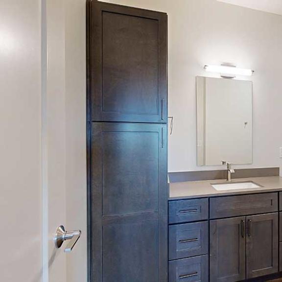 Thumbnail 23 of 24 A bathroom with a quartz vanity, dark wooden cabinets, a tall storage cabinet, and a tub shower with brushed nickel fixtures.