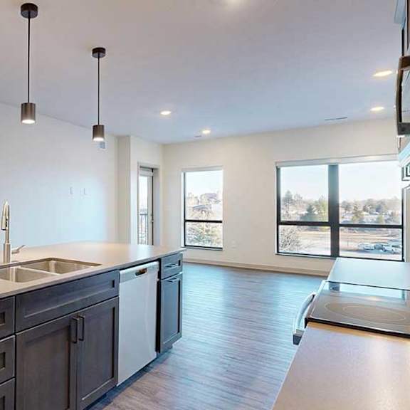 Thumbnail 10 of 24 A kitchen with dark wooden cabinets and a large island, in front of a spacious living room with floor-to-ceiling windows.