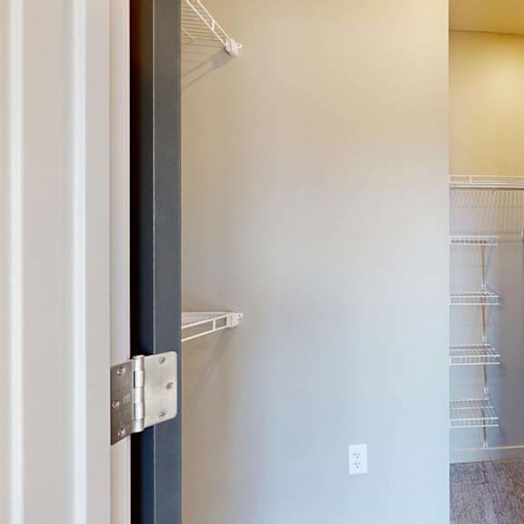 Thumbnail 39 of 42 Walk-in apartment closet with carpeted flooring, multiple wire shelving units, and ample storage space for clothing and household items.