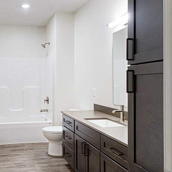 Thumbnail 77 of 84 Apartment bathroom with dark cabinetry, a light countertop, wood-look flooring, and a bathtub and shower combination.