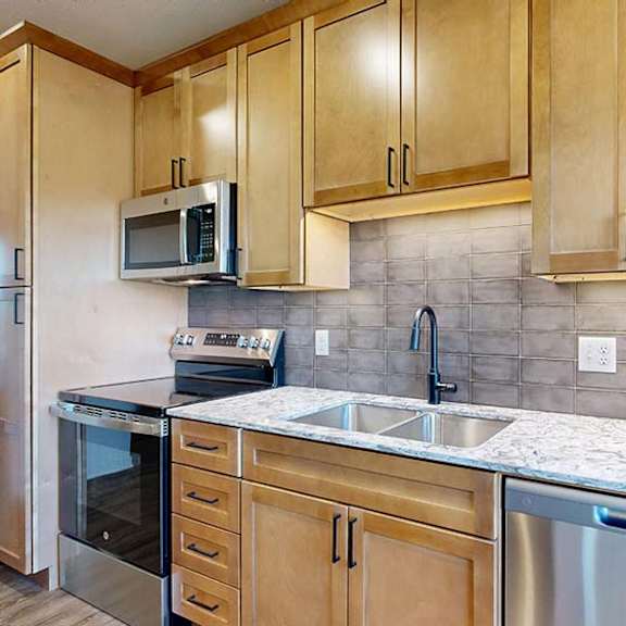 Thumbnail 25 of 36 Modern apartment kitchen with wood cabinetry, stainless steel appliances, and a tile backsplash.